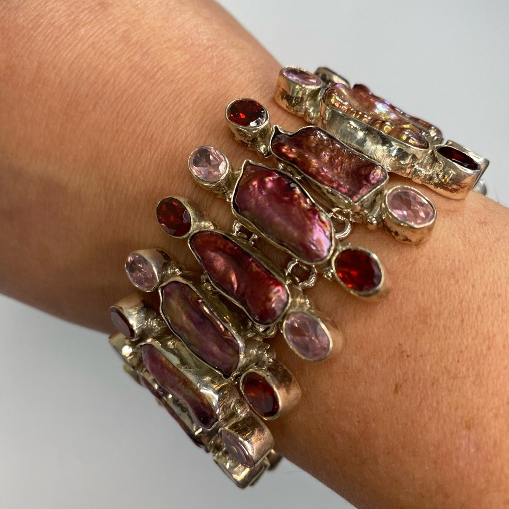 Silver with Red and Pink Gemstone Bracelet with Intricate Design